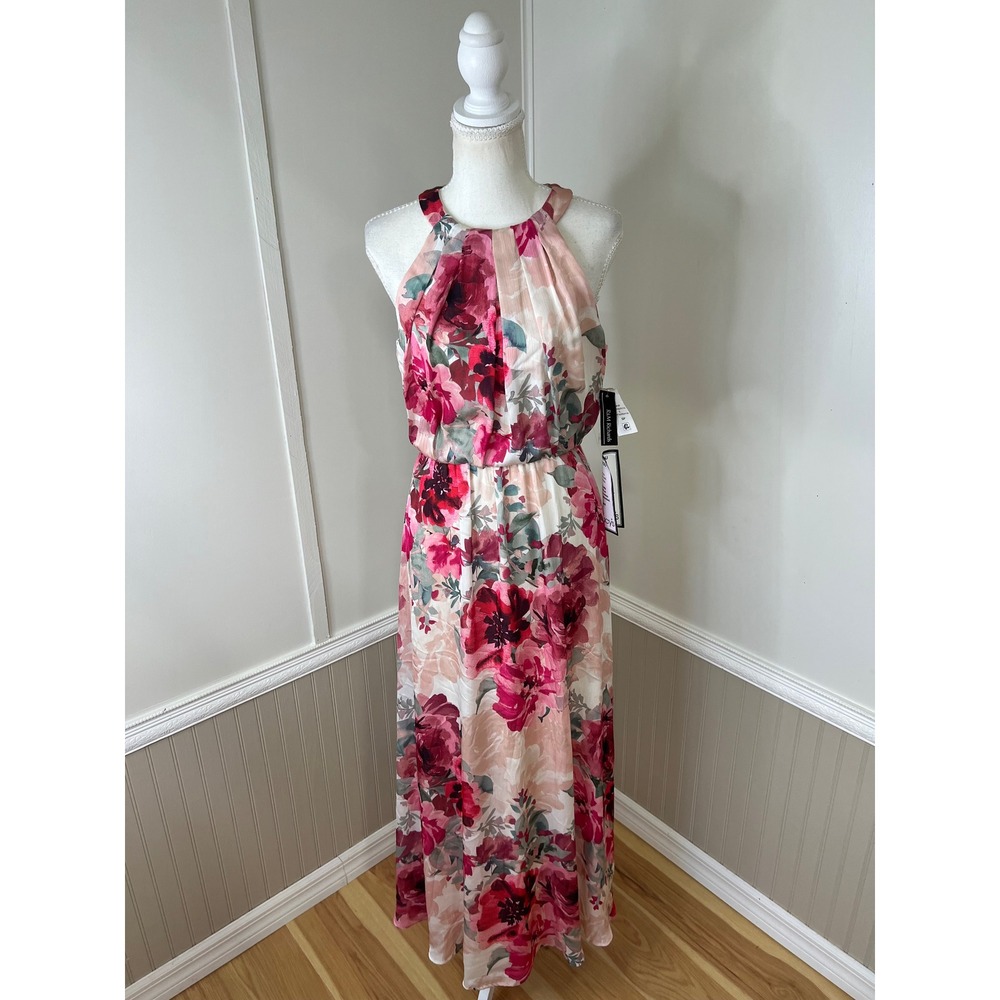 R&M Richards Petite Floral Halter Maxi Dress Pink Burgundy 6P NWT